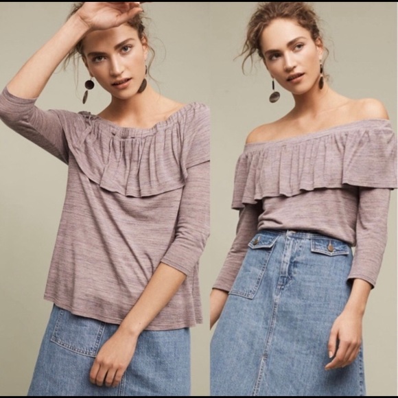 Anthropologie Tops - Women’s Anthropologie Dolan Purple Marled Knit Ruffle Shoulder Top Size Small